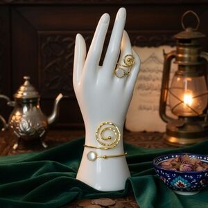 Luxurious Turkish Artisanal 18K Gold Plated Spiral Ring And Bracelet Jewelry Set